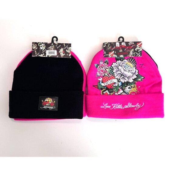 NWT Ed Hardy Embroidered Love Kills Slowly Rhinestone 2 Pack Beanies Black Pink - Picture 1 of 5